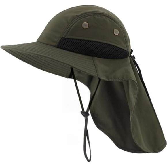 Mens Mesh Flap Sun Hat UPF50+ Wide Brim Breathable Outdoor Fishing Cap - Picture 1 of 6